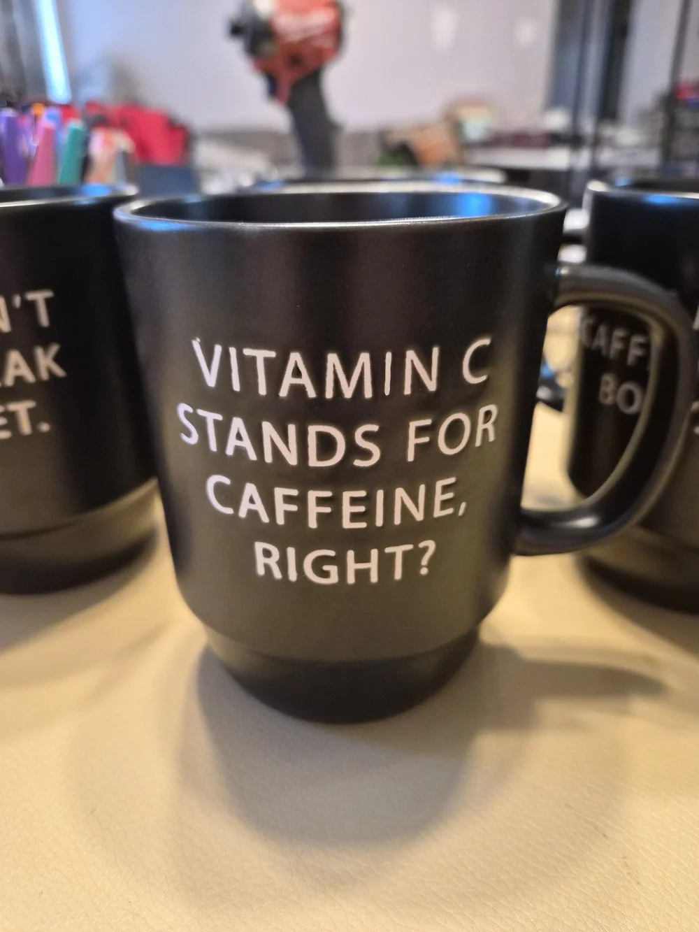 Stackable Black Ceramic Coffee Mug Set with Rack - Humorous White Text